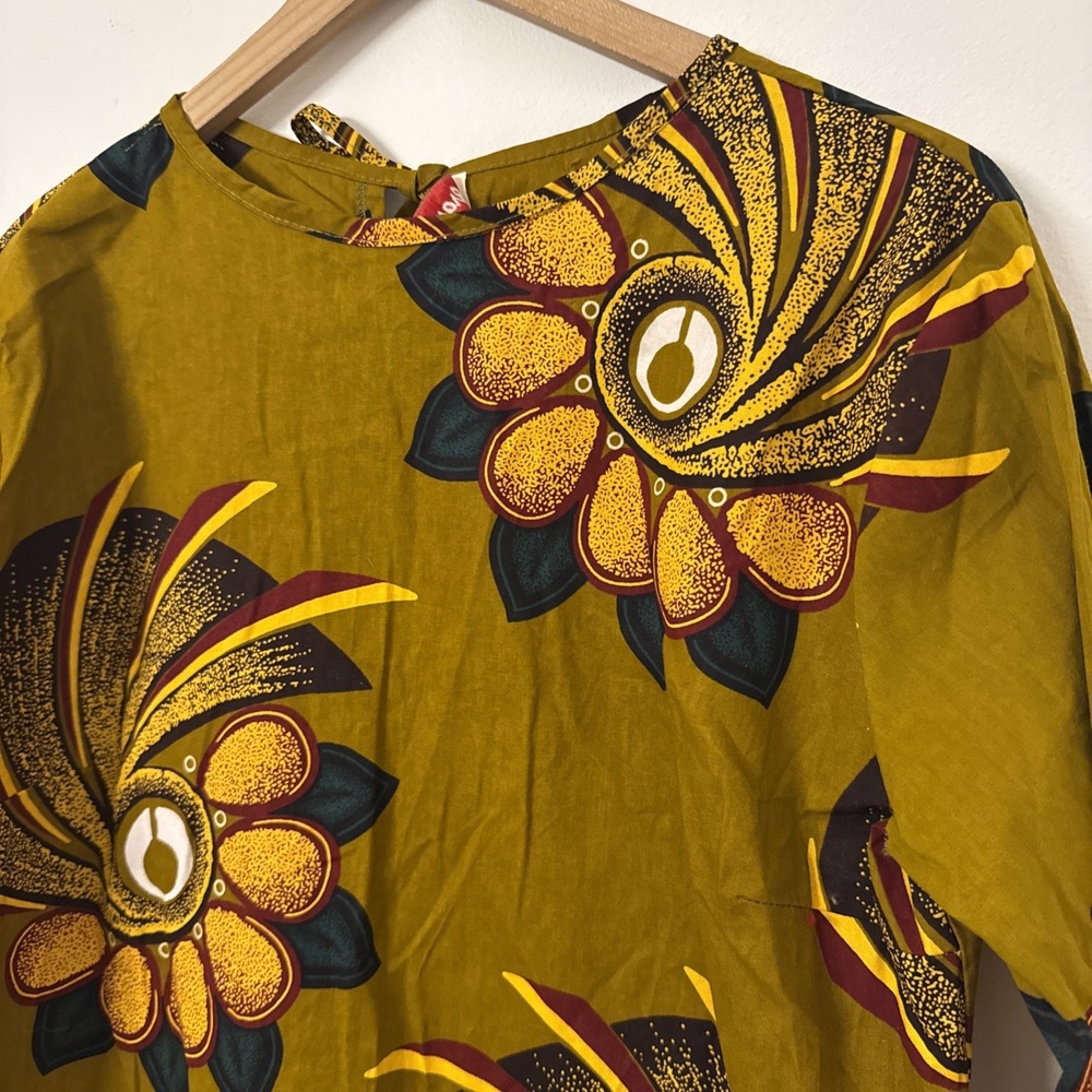 Grass-fields African Wax Print Tunic‎ Dress Womens Mustard Yellow Floral Boho